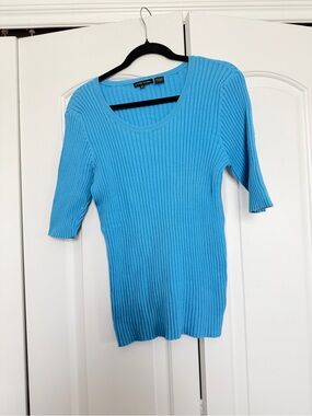 JEANNE PIERRE Turquoise Ribbed Scoop Neck Top